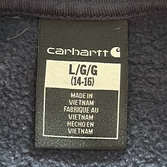 Carhartt Navy Blue Graphic Hoodie w Kanga Pockets, Logos Size L 14/16 - Picture 2 of 9